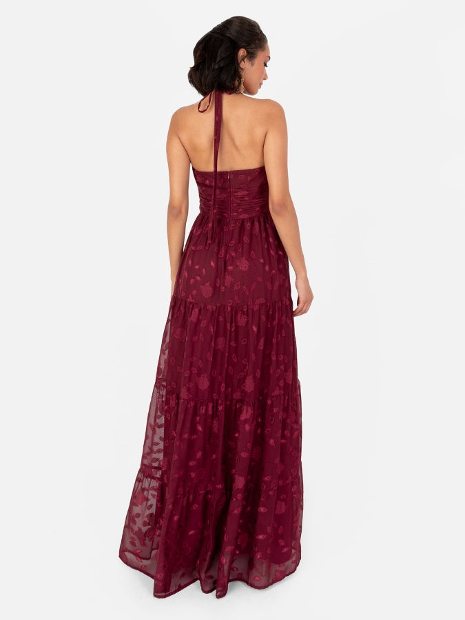 Maya Burgundy Corsage Halter Floral Maxi Dress