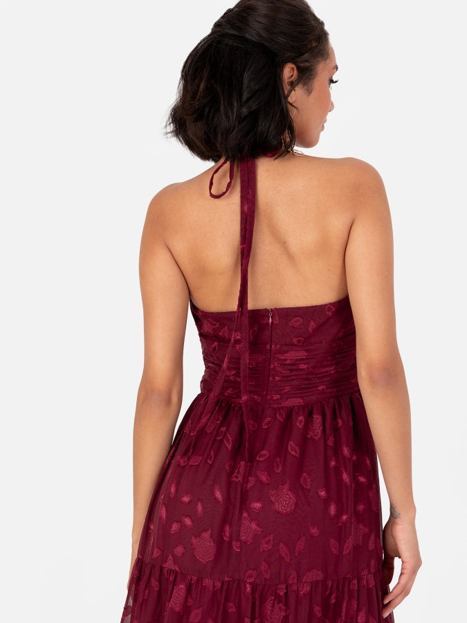 Maya Burgundy Corsage Halter Floral Maxi Dress
