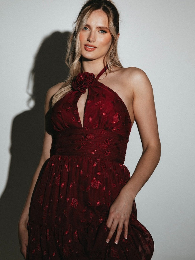 Maya Burgundy Corsage Halter Floral Maxi Dress
