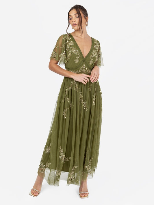 Maya Olive Embellished Angel Sleeve & Open Back Midaxi Dress