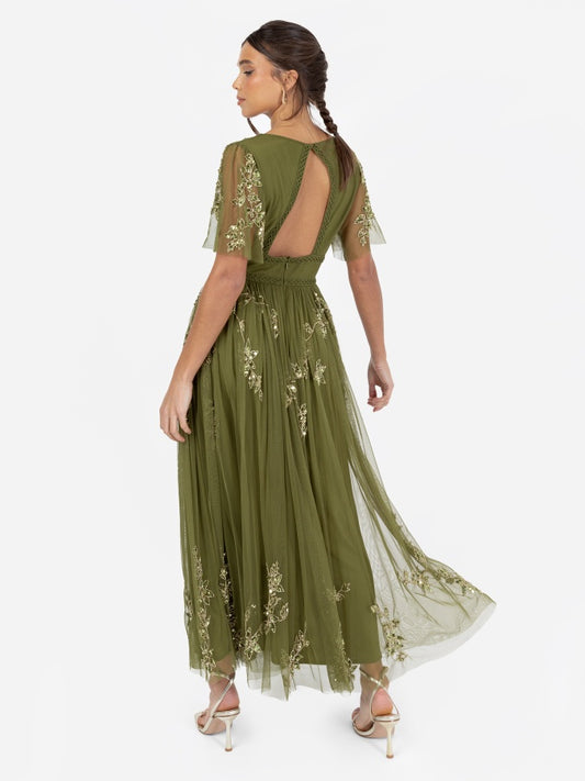 Maya Olive Embellished Angel Sleeve & Open Back Midaxi Dress