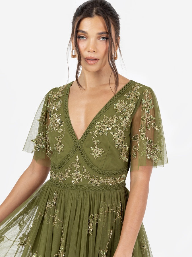 Maya Olive Embellished Angel Sleeve & Open Back Midaxi Dress