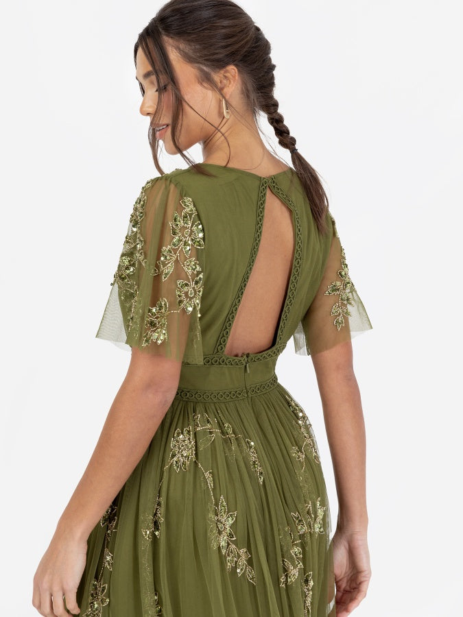 Maya Olive Embellished Angel Sleeve & Open Back Midaxi Dress