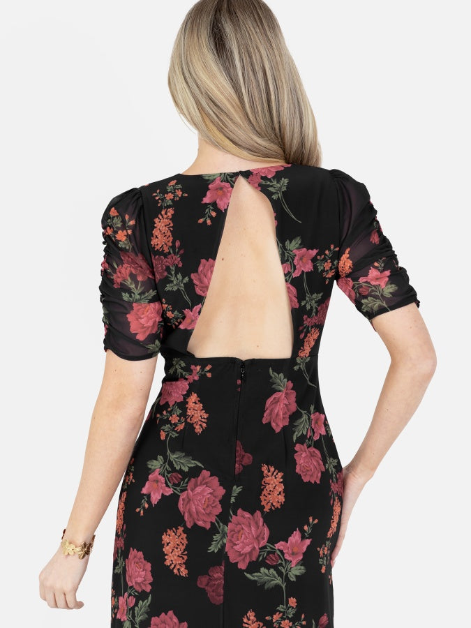 Anaya With Love Recycled Black Floral Short Ruched Sleeve & Keyhole Back Midi Dress
