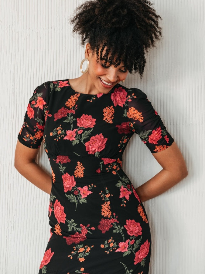 Anaya With Love Recycled Black Floral Short Ruched Sleeve & Keyhole Back Midi Dress