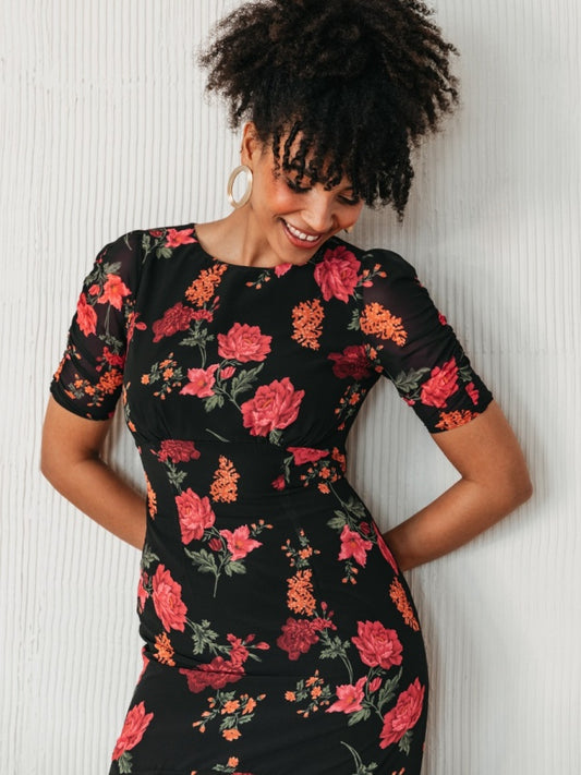 Anaya With Love Recycled Black Floral Short Ruched Sleeve & Keyhole Back Midi Dress