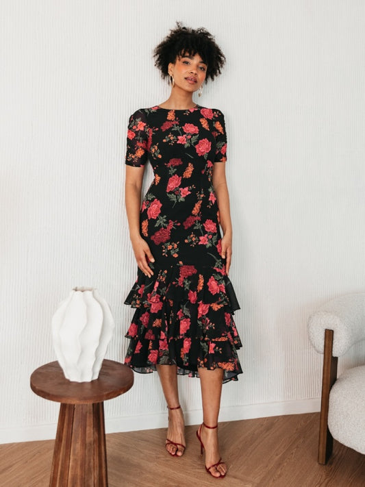Anaya With Love Recycled Black Floral Short Ruched Sleeve & Keyhole Back Midi Dress