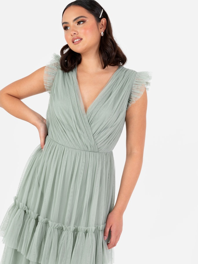 Anaya With Love Recycled Frosty Green Short Sleeve V Neck Tiered Maxi Dress