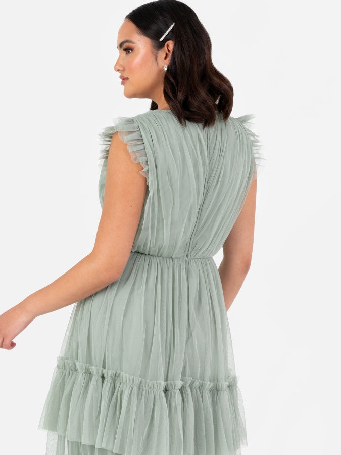 Anaya With Love Recycled Frosty Green Short Sleeve V Neck Tiered Maxi Dress