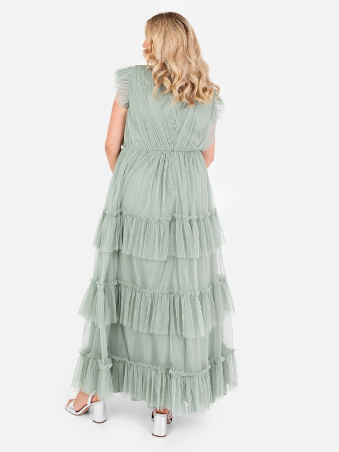 Anaya With Love Recycled Frosty Green Short Sleeve V Neck Tiered Maxi Dress