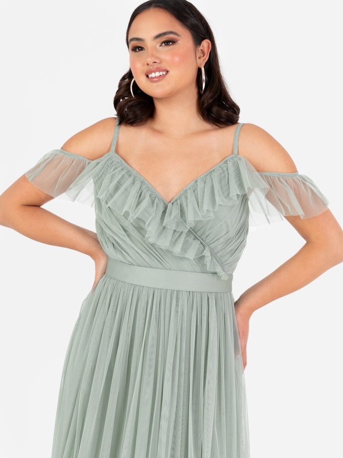 Anaya With Love Frosty Green Cold Shoulder Maxi Dress with Sash Belt