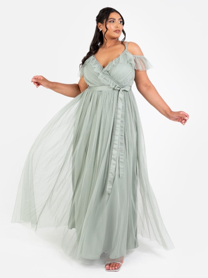Anaya With Love Frosty Green Cold Shoulder Maxi Dress with Sash Belt