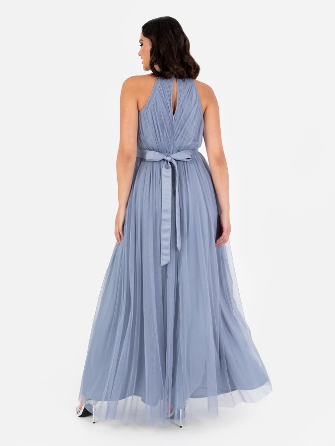 Anaya With Love Recycled Slate Blue Halter Neck Maxi Dress with Sash Belt