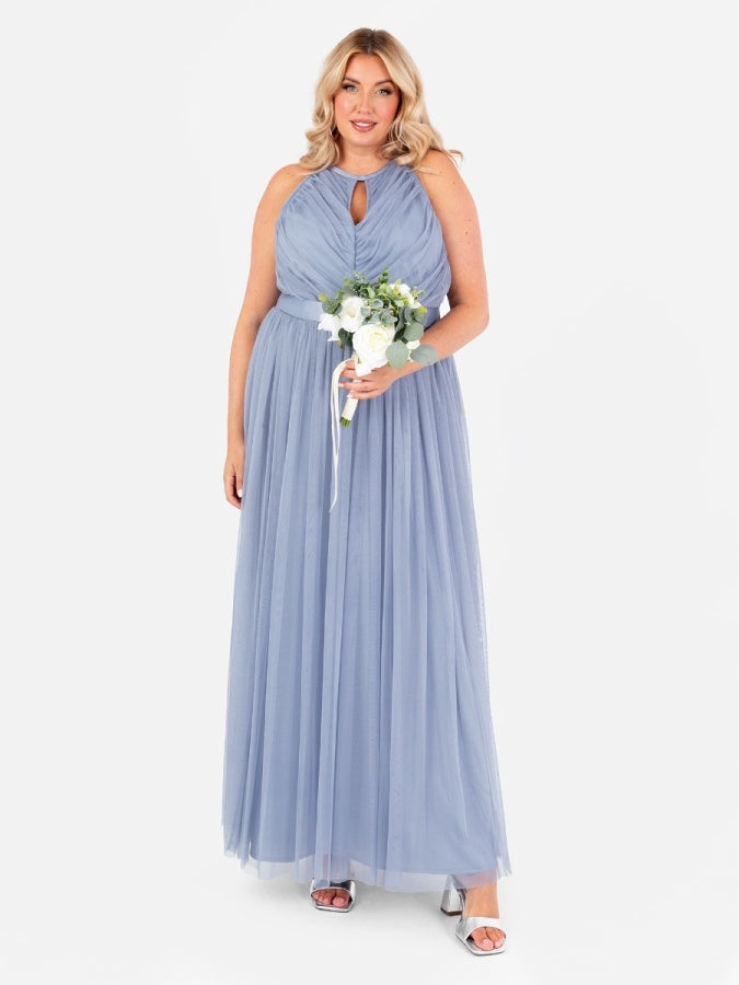 Anaya With Love Recycled Slate Blue Halter Neck Maxi Dress with Sash Belt