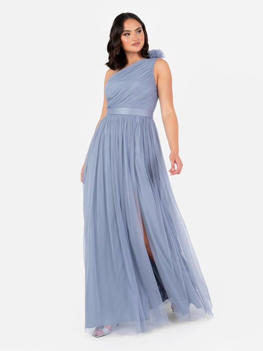 Anaya With Love Recycled Slate Blue Ruffled One Shoulder Maxi Dress with Sash Belt