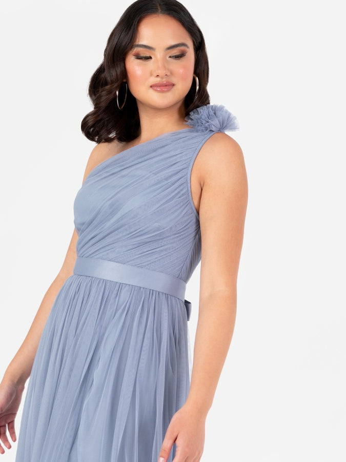 Anaya With Love Recycled Slate Blue Ruffled One Shoulder Maxi Dress with Sash Belt