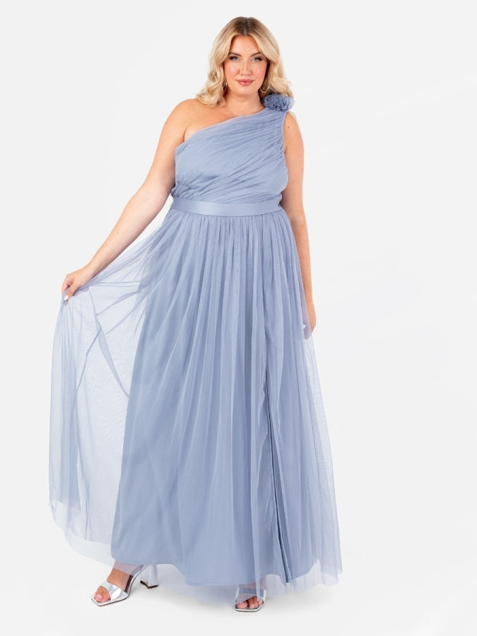 Anaya With Love Recycled Slate Blue Ruffled One Shoulder Maxi Dress with Sash Belt