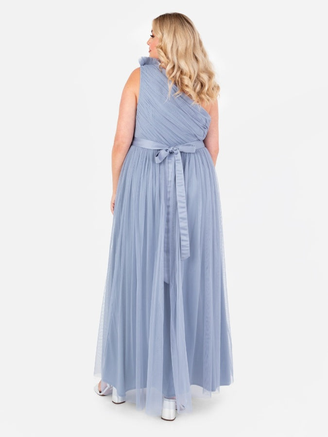 Anaya With Love Recycled Slate Blue Ruffled One Shoulder Maxi Dress with Sash Belt