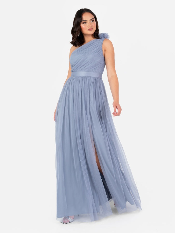 Anaya With Love Recycled Slate Blue Ruffled One Shoulder Maxi Dress with Sash Belt