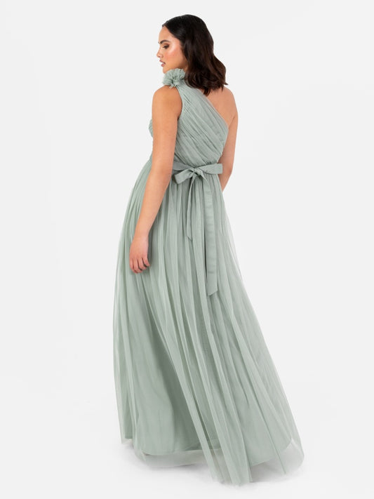 Anaya With Love Recycled Frosty Green Ruffled One Shoulder Maxi Dress with Sash Belt