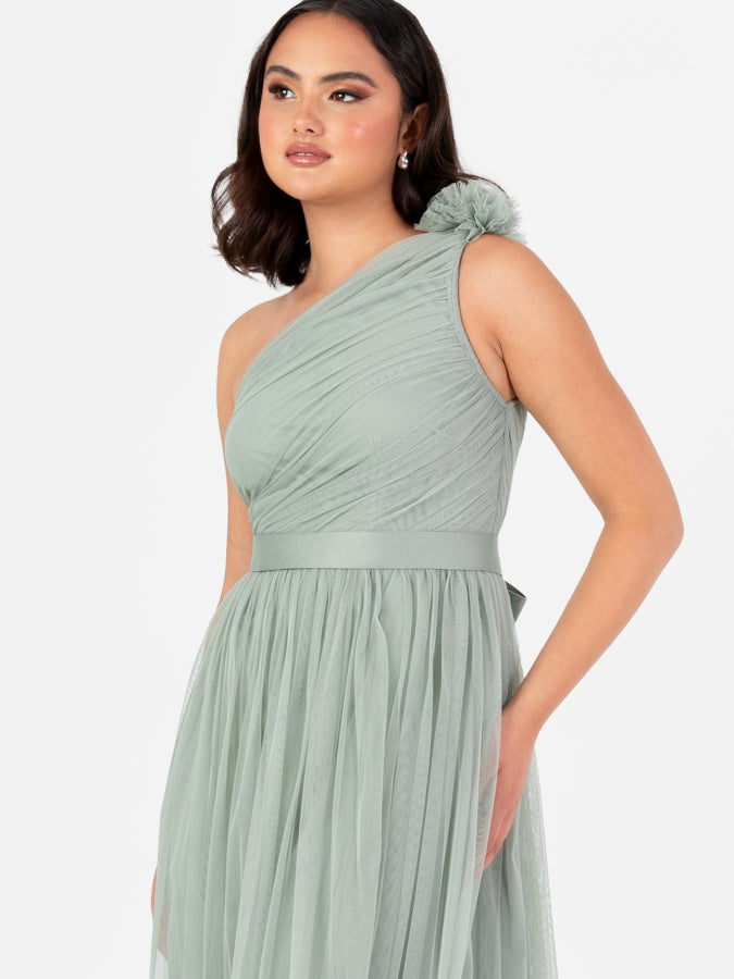 Anaya With Love Recycled Frosty Green Ruffled One Shoulder Maxi Dress with Sash Belt