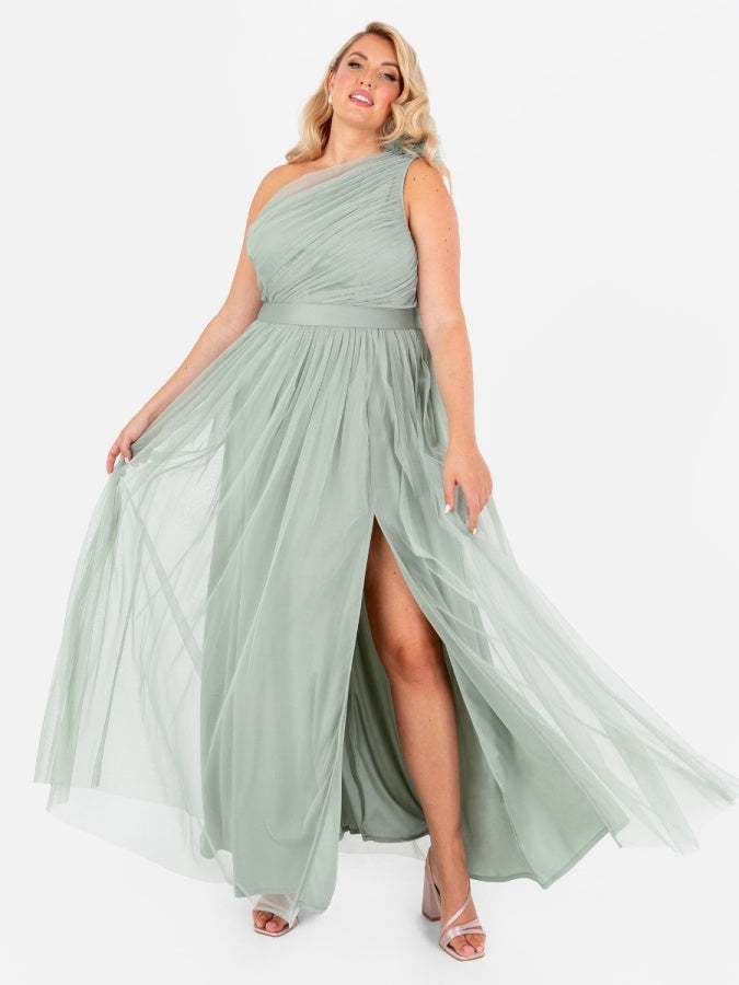 Anaya With Love Recycled Frosty Green Ruffled One Shoulder Maxi Dress with Sash Belt