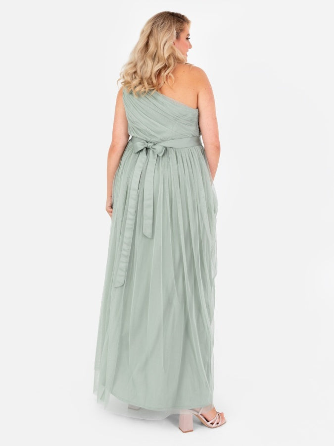 Anaya With Love Recycled Frosty Green Ruffled One Shoulder Maxi Dress with Sash Belt