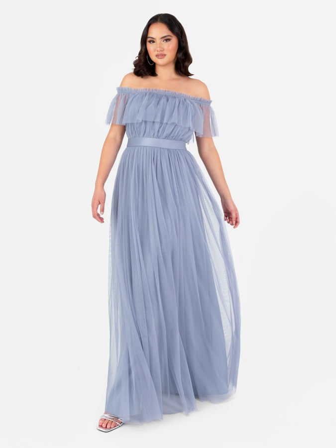 Anaya With Love Recycled Slate Blue Bardot Maxi Dress with Sash Belt – Maya  Deluxe