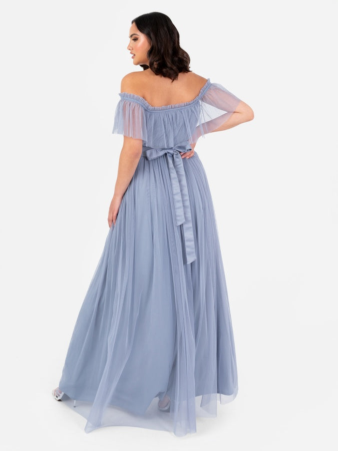 Anaya With Love Recycled Slate Blue Bardot Maxi Dress with Sash Belt