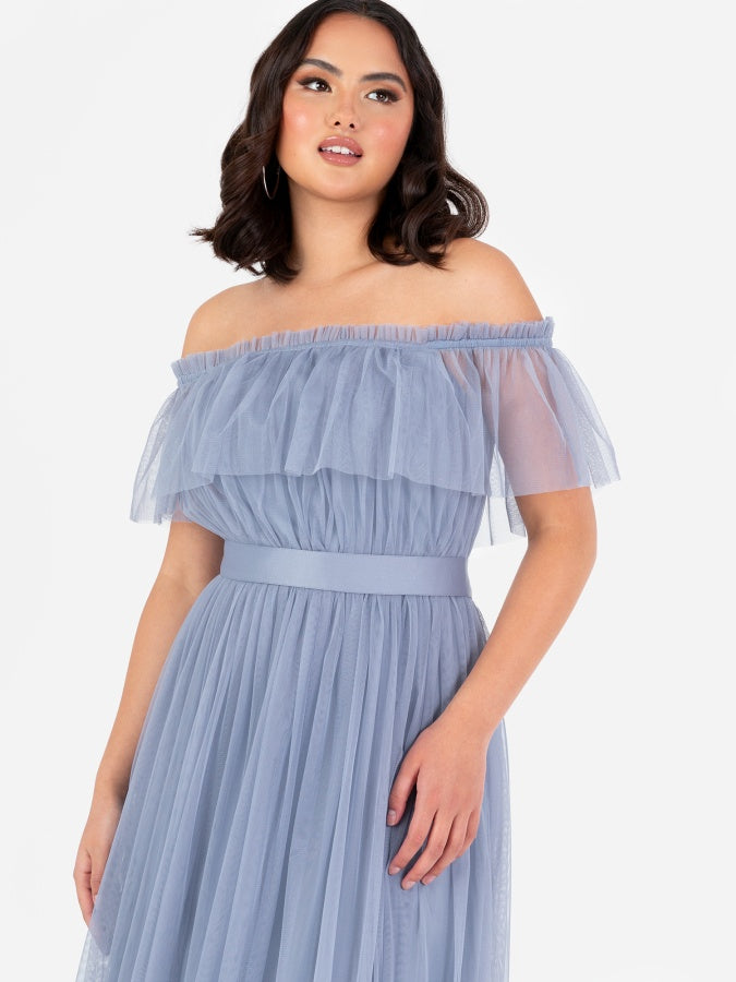 Anaya With Love Recycled Slate Blue Bardot Maxi Dress with Sash Belt