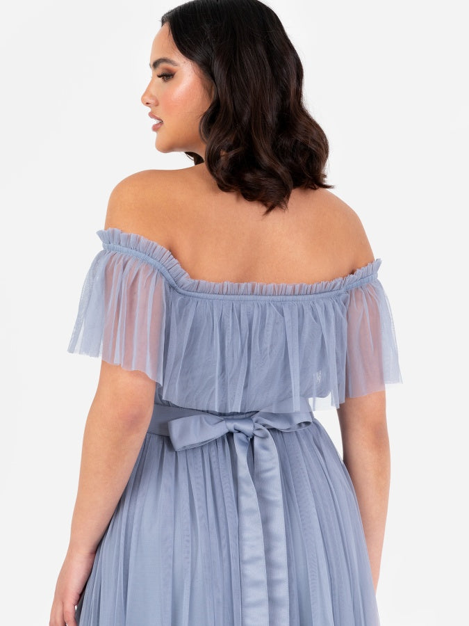 Anaya With Love Recycled Slate Blue Bardot Maxi Dress with Sash Belt