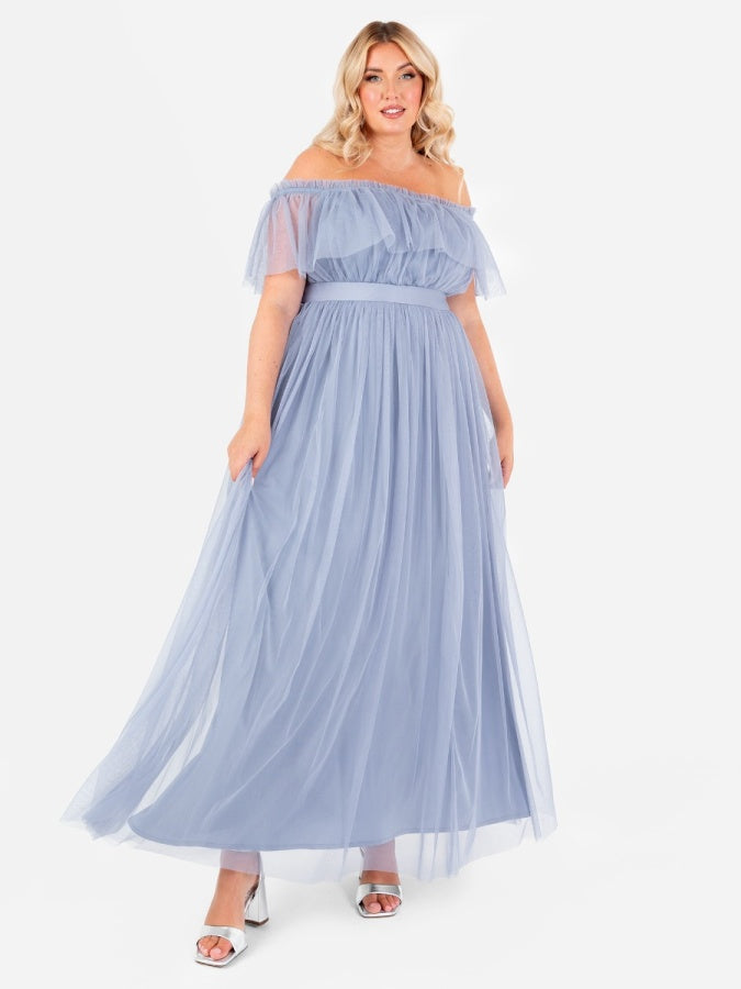 Anaya With Love Recycled Slate Blue Bardot Maxi Dress with Sash Belt