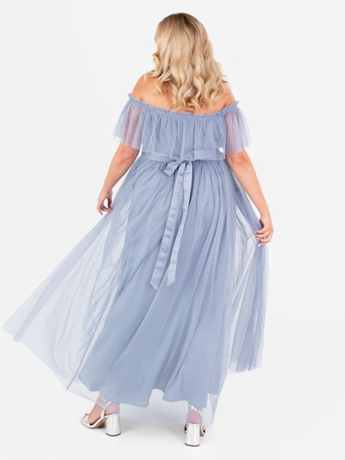 Anaya With Love Recycled Slate Blue Bardot Maxi Dress with Sash Belt