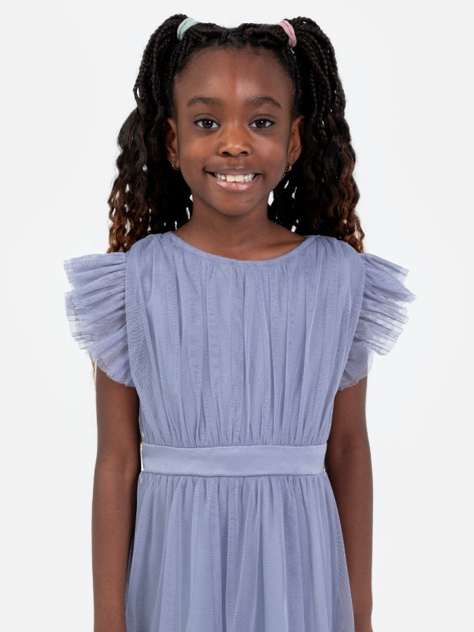 Mini Anaya Recycled Slate Blue Flutter Sleeve Midi Dress with Bow Detail