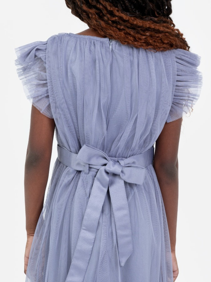 Mini Anaya Recycled Slate Blue Flutter Sleeve Midi Dress with Bow Detail