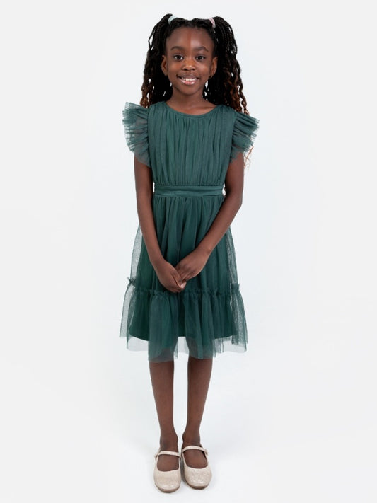 Mini Anaya Recycled Emerald Flutter Sleeve Midi Dress with Bow Detail