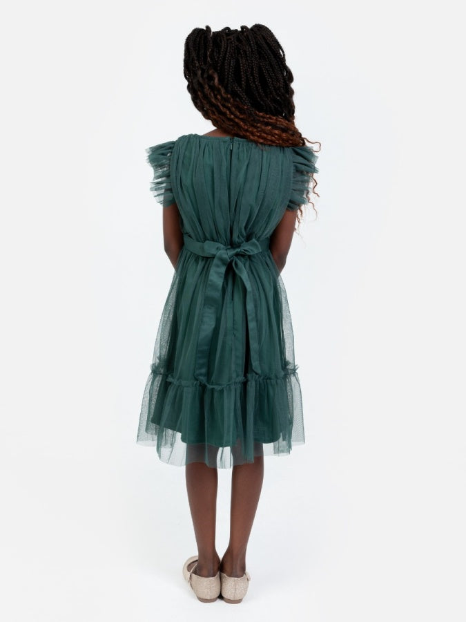 Mini Anaya Recycled Emerald Flutter Sleeve Midi Dress with Bow Detail