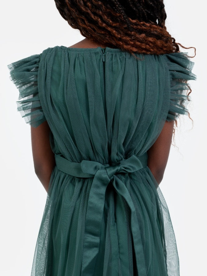 Mini Anaya Recycled Emerald Flutter Sleeve Midi Dress with Bow Detail