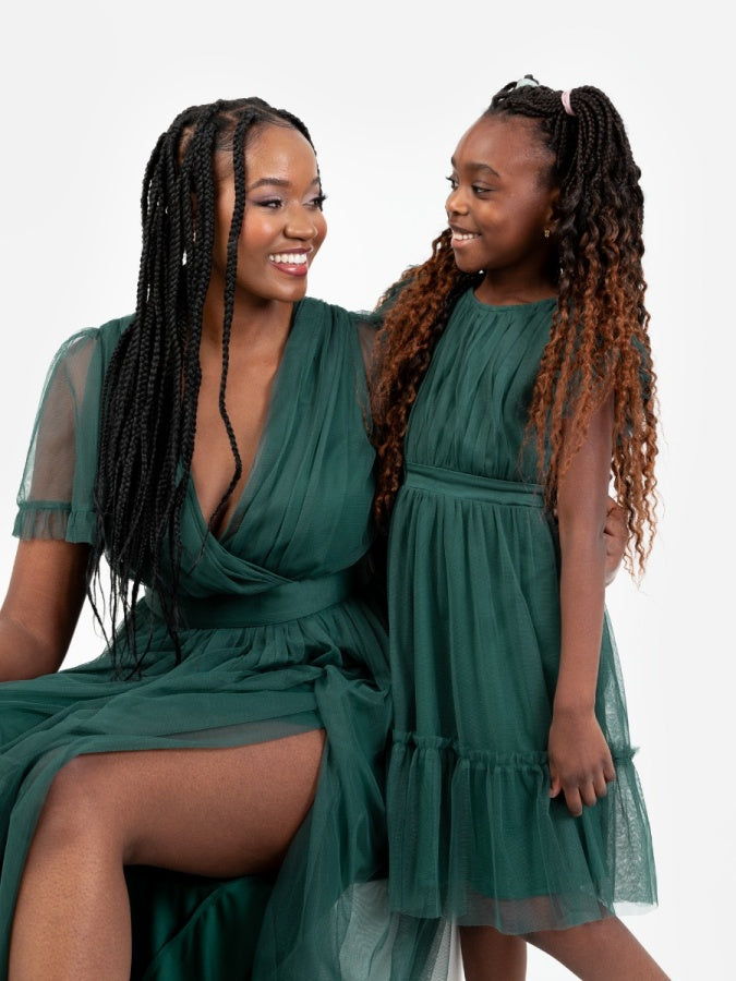 Mini Anaya Recycled Emerald Flutter Sleeve Midi Dress with Bow Detail