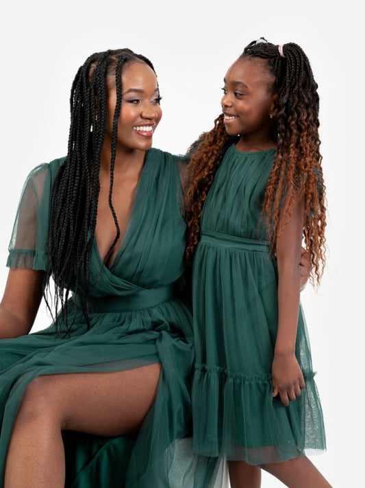 Mini Anaya Recycled Emerald Flutter Sleeve Midi Dress with Bow Detail