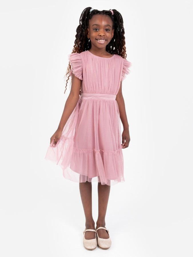 Mini Anaya Recycled Blush Pink Flutter Sleeve Midi Dress with Bow Detail
