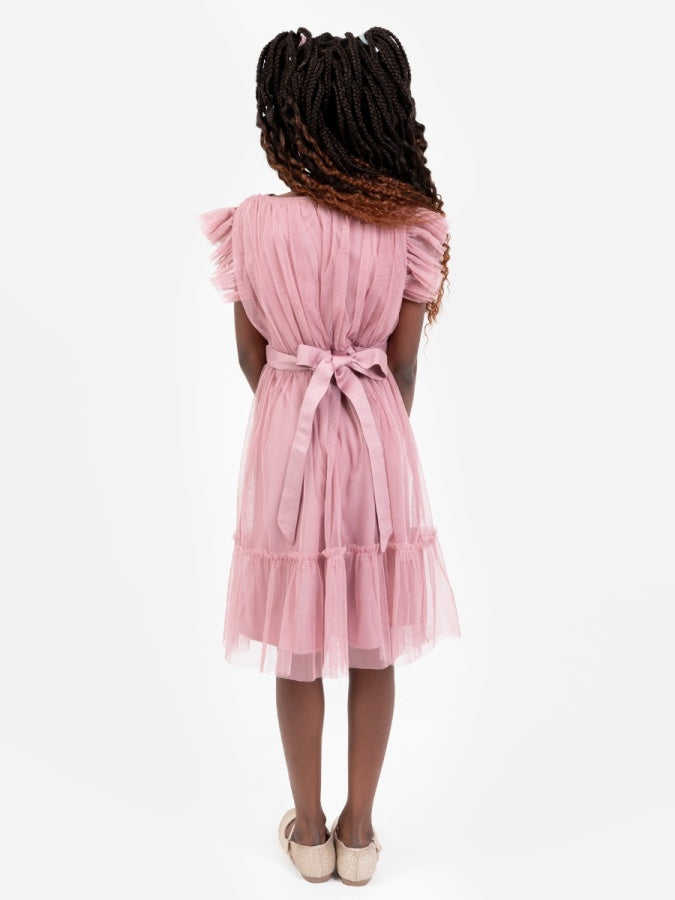 Mini Anaya Recycled Blush Pink Flutter Sleeve Midi Dress with Bow Detail