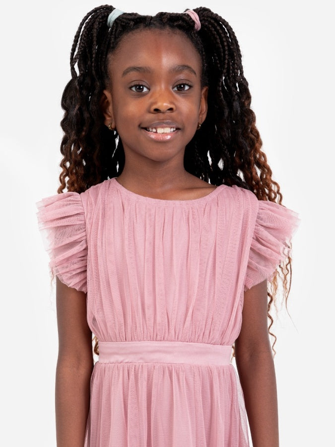 Mini Anaya Recycled Blush Pink Flutter Sleeve Midi Dress with Bow Detail