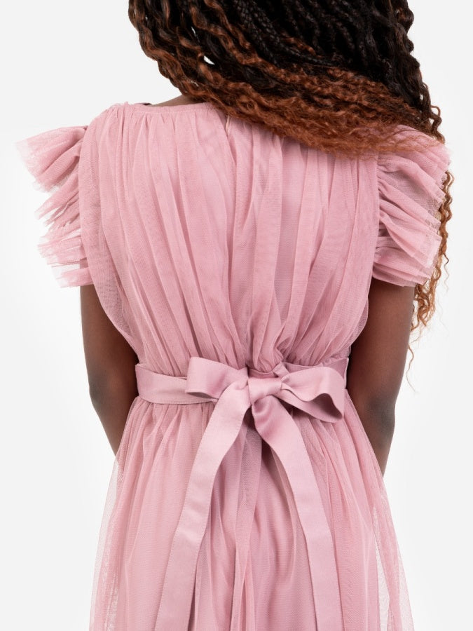 Mini Anaya Recycled Blush Pink Flutter Sleeve Midi Dress with Bow Detail