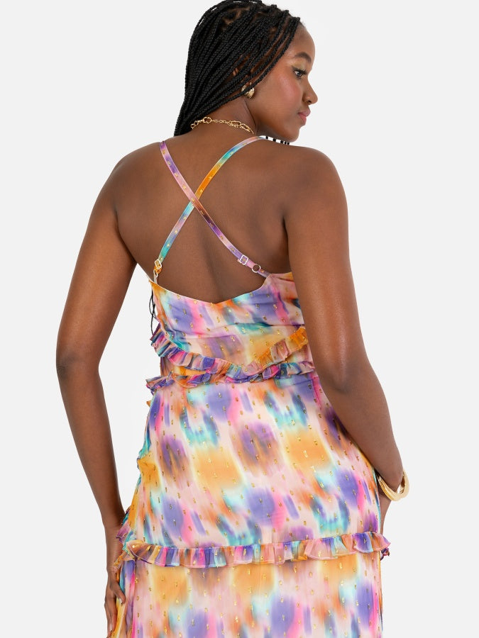 Anaya With Love Recycled Strappy Maxi Dress with Frill & Metallic Flock Detail