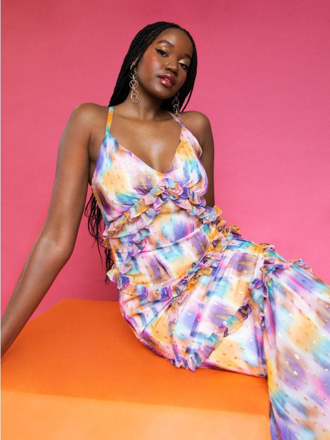 Anaya With Love Recycled Strappy Maxi Dress with Frill & Metallic Flock Detail