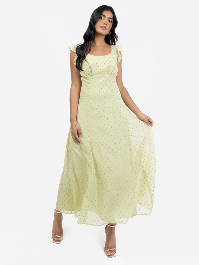 Anaya With Love Recycled Spring Greent Tie-Back Midi Dress with Gold Detail