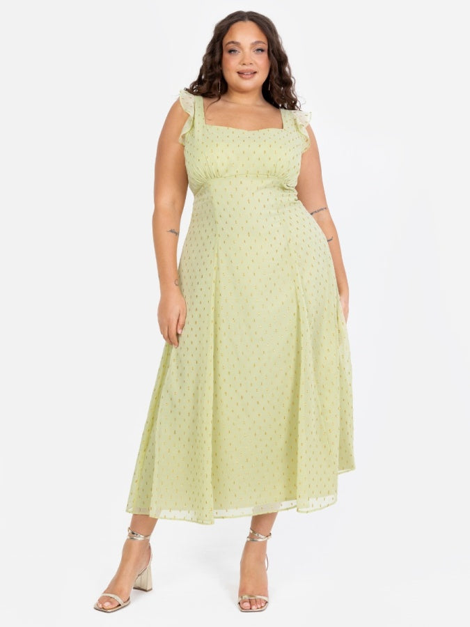 Anaya With Love Recycled Spring Greent Tie-Back Midi Dress with Gold Detail