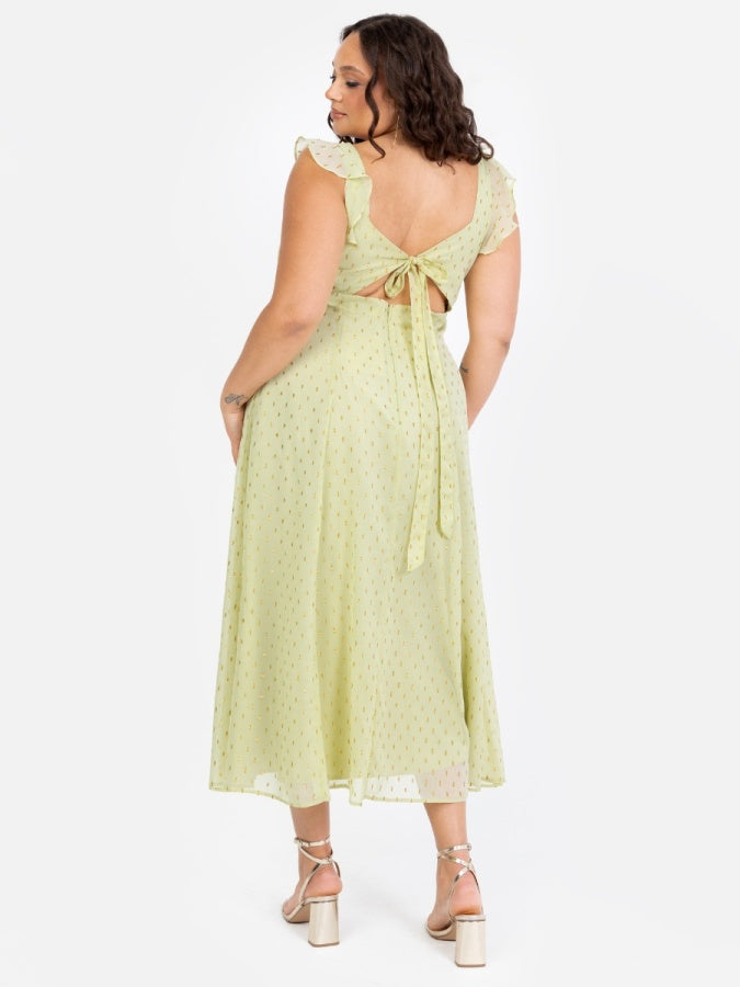 Anaya With Love Recycled Spring Greent Tie-Back Midi Dress with Gold Detail