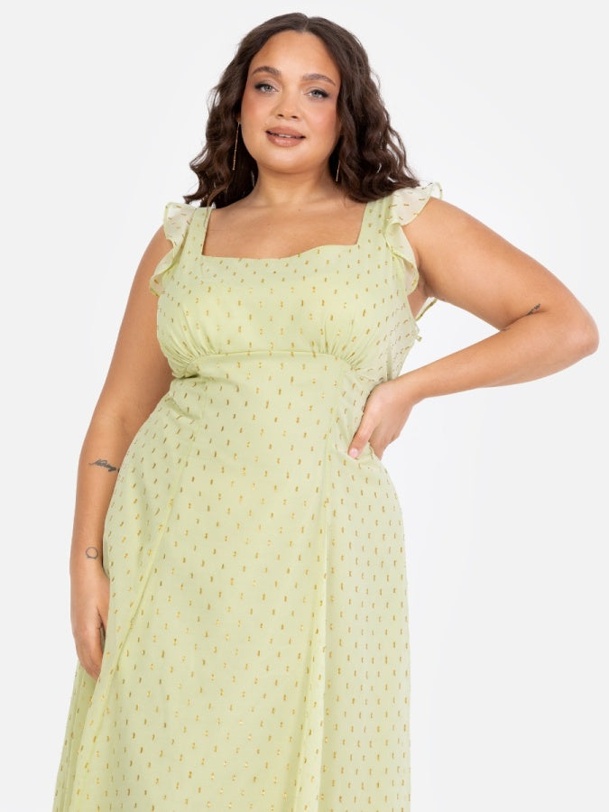 Anaya With Love Recycled Spring Greent Tie-Back Midi Dress with Gold Detail